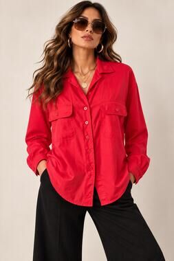 Vintage Irka Red Blouse M L Made Japan 70s Disco Utility Shirt Pockets